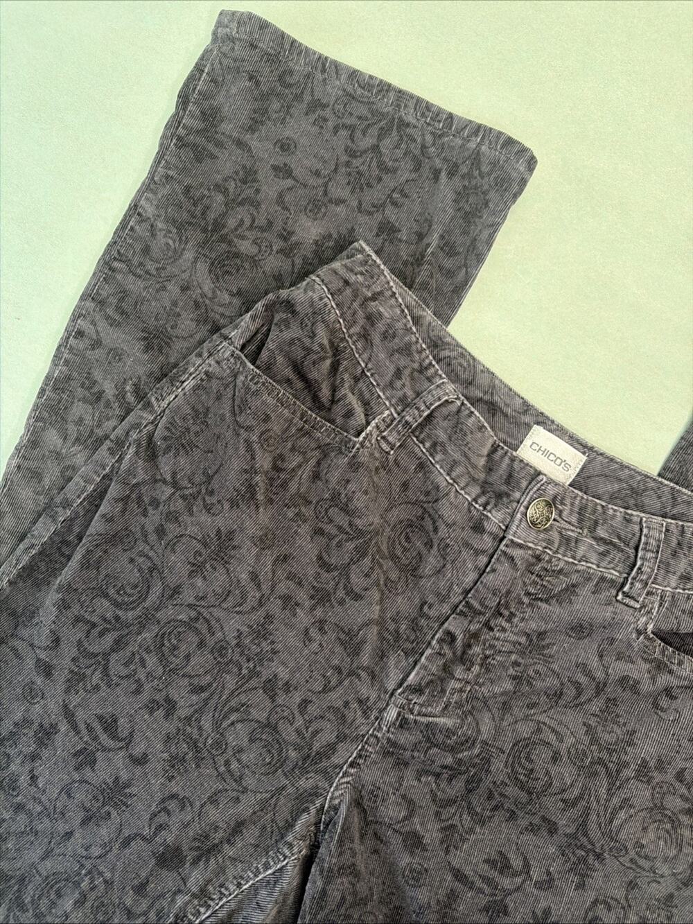 Chico’s Womens Gray Floral Print Jeans Stretch Denim Straight Leg Pants Size 6